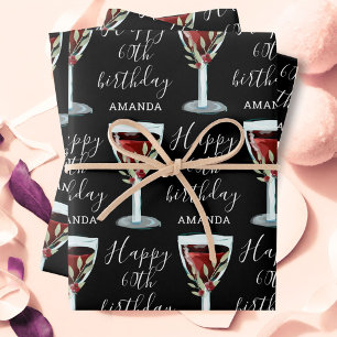Feuille De Papier Cadeau Roseau Aquarelle Vin Rouge 60e Anniversaire
