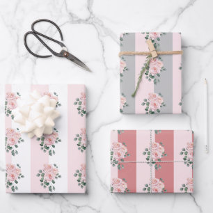 Feuille De Papier Cadeau Roses aquarelles et rayures légères