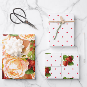 Feuille De Papier Cadeau Roses d'aquarelle et fraises
