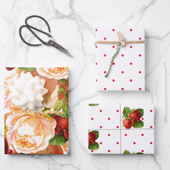 Feuille De Papier Cadeau Roses d'aquarelle et fraises (Recto)