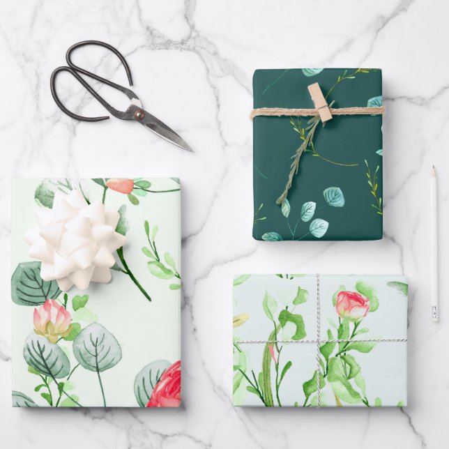 Feuille De Papier Cadeau Roses d'aquarelle, Eucalyptus et démolition agress (Recto)