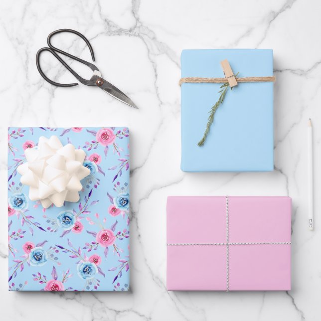 Feuille De Papier Cadeau Roses d'aquarelle rose et bleu Motif (Recto)
