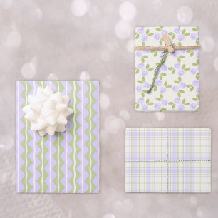 Feuille De Papier Cadeau Roses de Cottage, Tartan et Rayures en violet