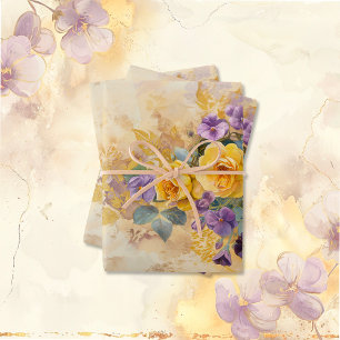 Feuille De Papier Cadeau Roses d'or et violets 50e anniversaire de Mariage
