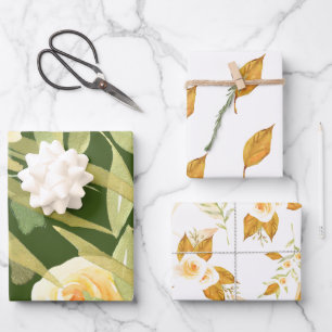 Feuille De Papier Cadeau Roses et feuillages d'or et de blanc