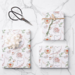 Feuille De Papier Cadeau Roses et perles roses Mariages Aquarelles