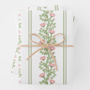 Feuille De Papier Cadeau Roses et rayures roses sur blanc