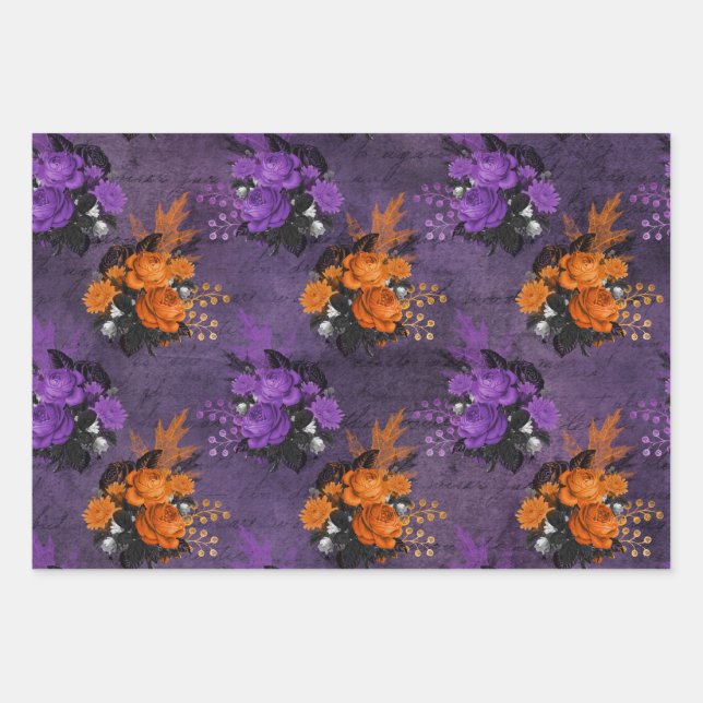Feuille De Papier Cadeau Roses pourpres et oranges (Devant)