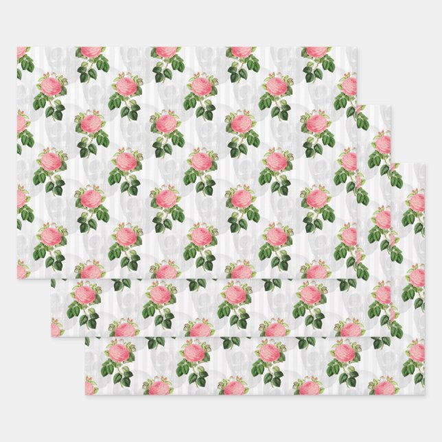 Feuille De Papier Cadeau Roses roses et crânes roses sur blanc (Lot)