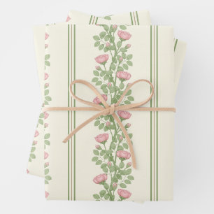 Feuille De Papier Cadeau Roses roses et rayures roses sur crème