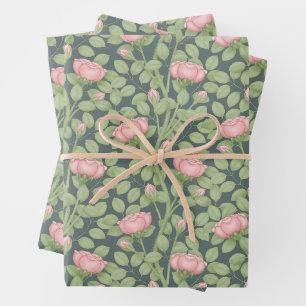 Feuille De Papier Cadeau Roses roses sur fond bleu ardoise