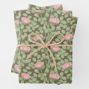 Feuille De Papier Cadeau Roses roses sur fond marron