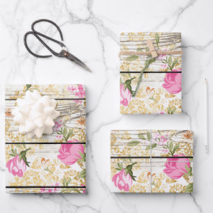 Feuille De Papier Cadeau Roses roses sur plateau blanc