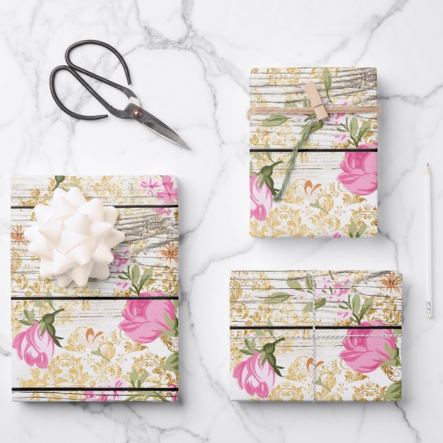 Feuille De Papier Cadeau Roses roses sur plateau blanc (Recto)