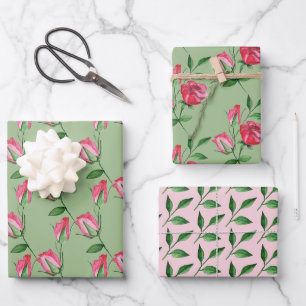 Feuille De Papier Cadeau Roses Rouges Aquarelle Peintes à la Main