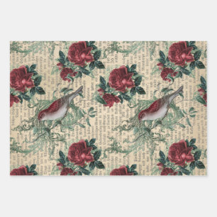 Feuille De Papier Cadeau Roses rouges et oiseaux Vintages