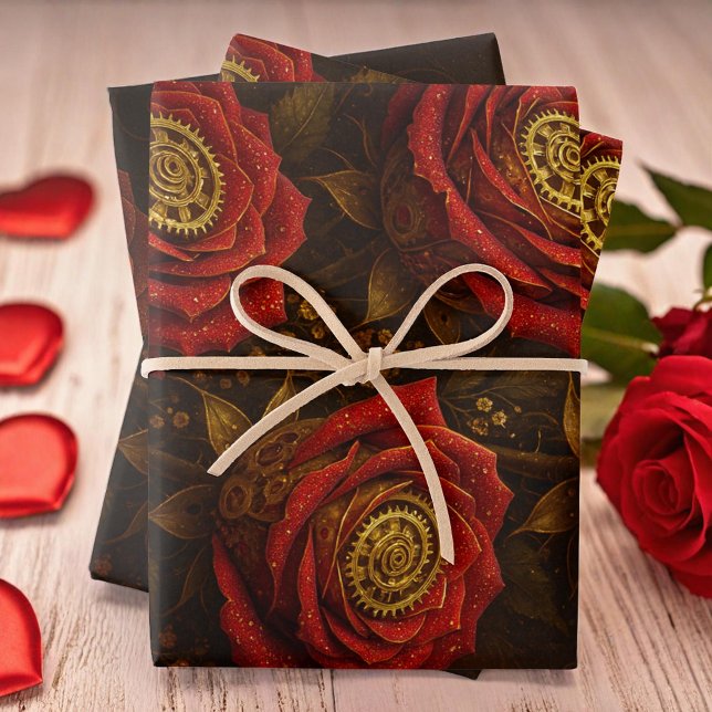 Feuille De Papier Cadeau Roses Steampunk Luxueuses Rouages Dorés Romantique (Créateur téléchargé)