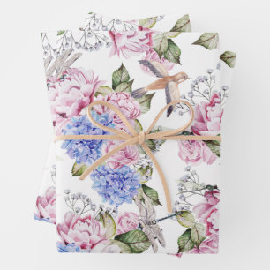 Feuille De Papier Cadeau Roses vintages et fleurs d'Hydrangea Nature