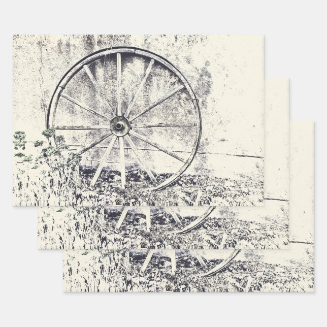 Feuille De Papier Cadeau Roue Rustique Occidentale Noir Et Blanc Wagon (Lot)