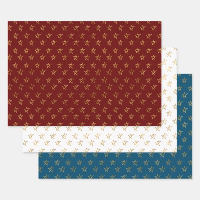 Feuille De Papier Cadeau Rouge Blanc Bleu Or Étoiles brillantes (Lot)