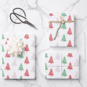 Feuille De Papier Cadeau Rouge Blanc Vert Timide Petits arbres de Noël