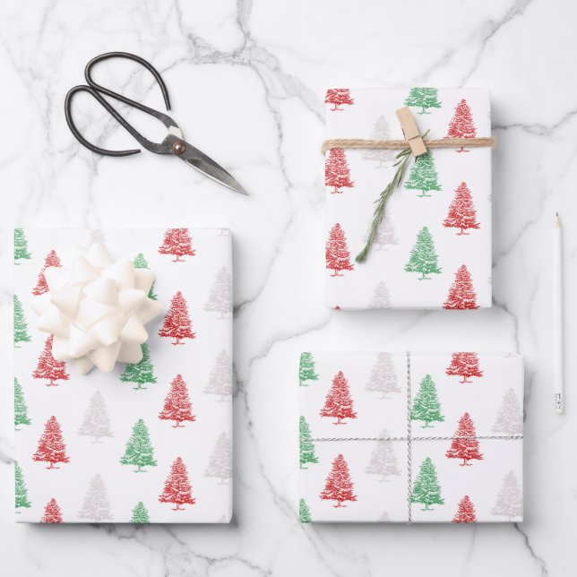 Feuille De Papier Cadeau Rouge Blanc Vert Timide Petits arbres de Noël (Recto)