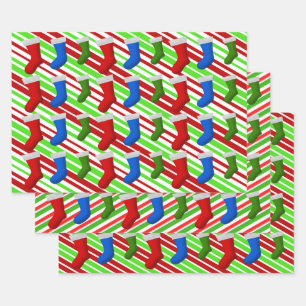 Feuille De Papier Cadeau Rouge, Bleu, Green Christmas Stockings & Stripes