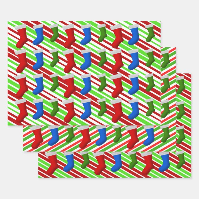 Feuille De Papier Cadeau Rouge, Bleu, Green Christmas Stockings & Stripes (Lot)