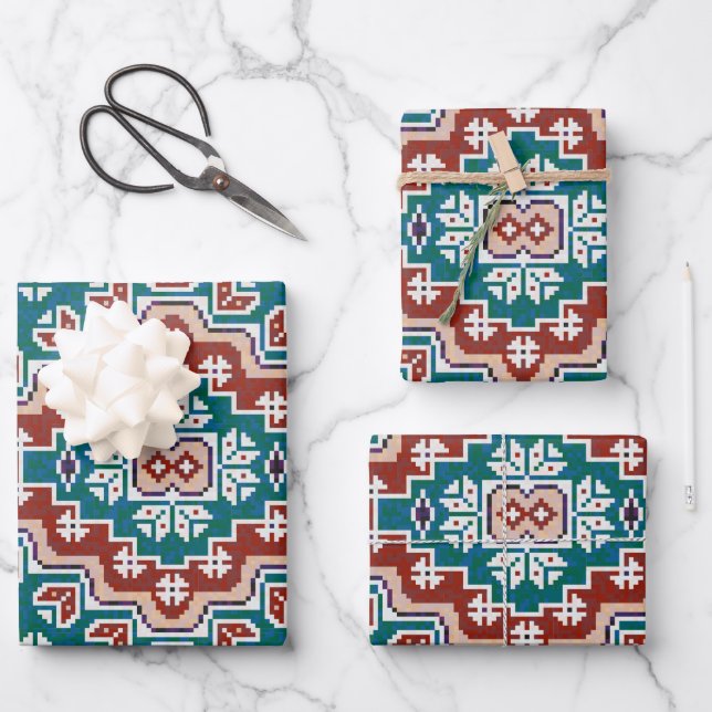 Feuille De Papier Cadeau Rouge Bleu Turquoise Amérindiens Navajo (Recto)