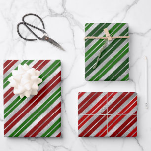 Feuille De Papier Cadeau Rouge de vacances, rayures de Noël argent et vert