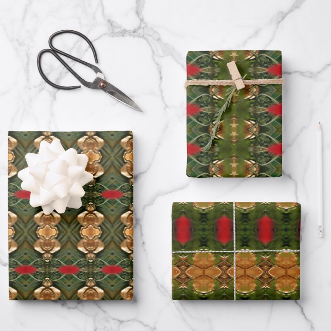 Feuille De Papier Cadeau Rouge Or Et Vert (Recto)