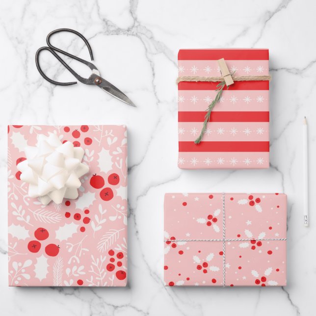 Feuille De Papier Cadeau Rouge rose blanc Holly Berries Mistletoe Noël (Recto)