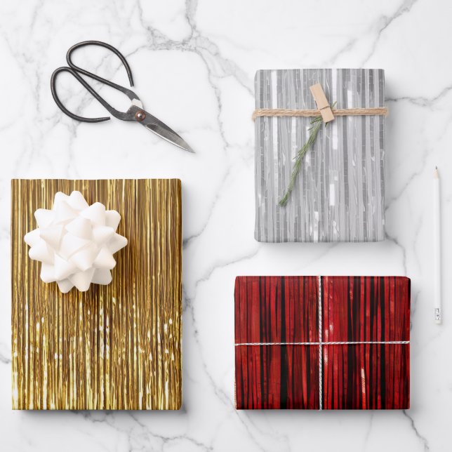 Feuille De Papier Cadeau Rouge Silver Gold Glam Tinsel Stripes (Recto)