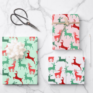 Feuille De Papier Cadeau Rouge Vert Noël Reindeer Silhouette Motif