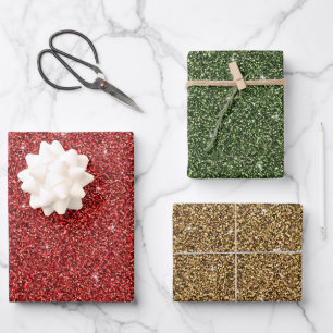 Feuille De Papier Cadeau Rouge Vert Or Paillettes Fête Noël Tendance 