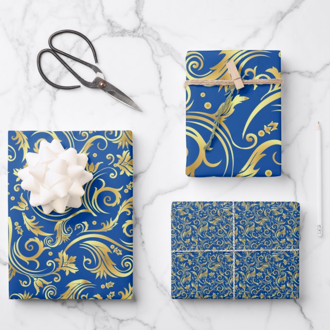Feuille De Papier Cadeau Rouleau bleu doré et royal (Recto)
