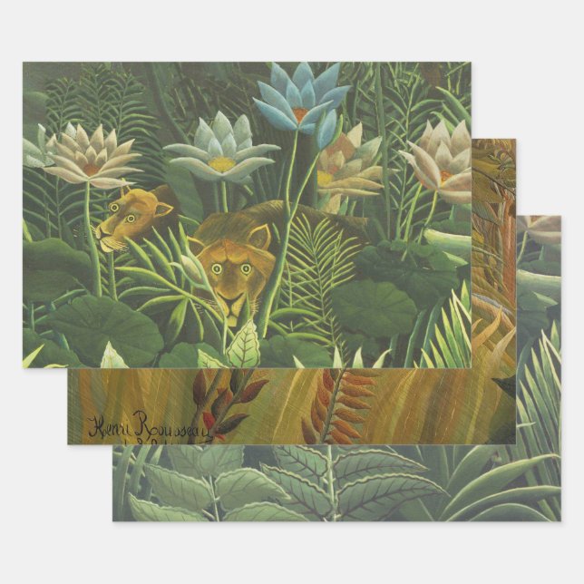 Feuille De Papier Cadeau Rousseau Tropical Jungle Lion Peinture (Lot)