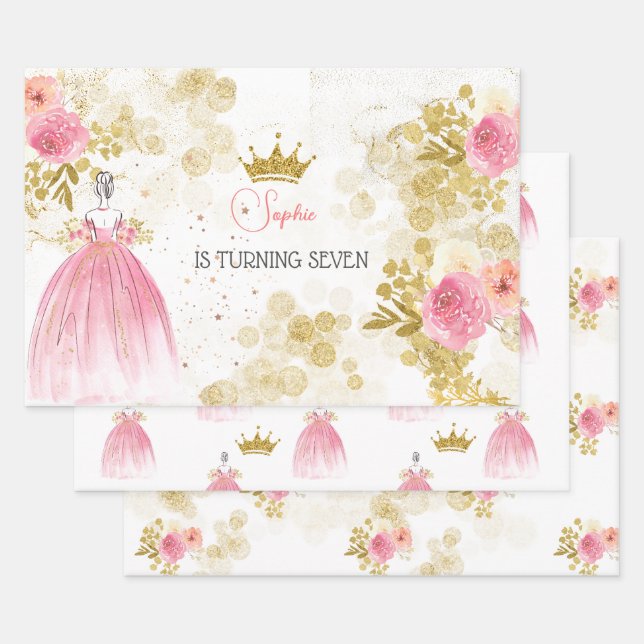 Feuille De Papier Cadeau Royal fête rose princesse anniversaire (Lot)