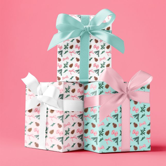 Feuille De Papier Cadeau Rubans Coquette Rose et Branches de Pin Evergreen (Elegant Coquette Pink Bows and Evergreen Fir | Pine Boughs Christmas Holiday Pattern Wrapping Paper)