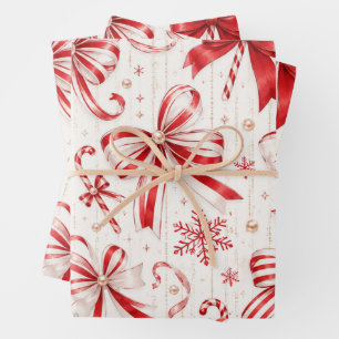 Feuille De Papier Cadeau Rubans Coquette Rouges et Blancs pour Emballage de