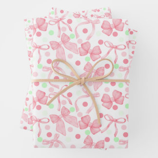 Feuille De Papier Cadeau Rubans roses avec des points roses et verts