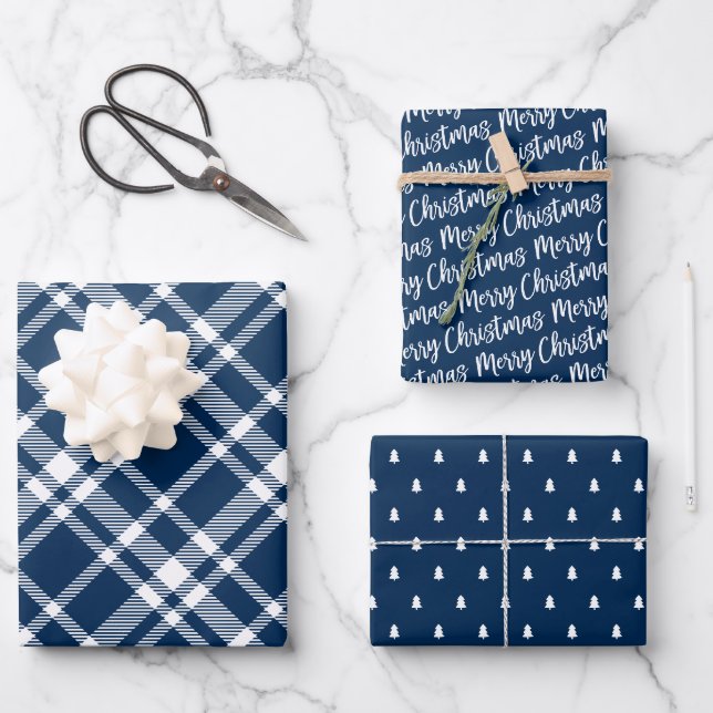 Feuille De Papier Cadeau Russe Blue Tartan Plaid Joyeux Noël (Recto)