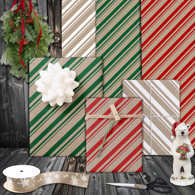 Feuille De Papier Cadeau Russe Kraft Vert Rouge Blanc Bonbons Grandes (Rustic Kraft Green Red White Candy Stripes Wrapping Paper Sheets Trio)