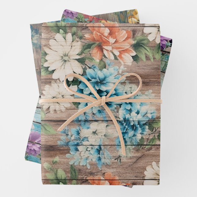 Feuille De Papier Cadeau Rustic Country Distressed Wood Floral Bleu (En situation)