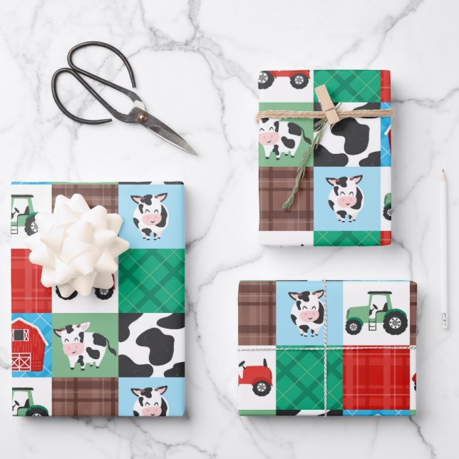 Feuille De Papier Cadeau Rustic Farm Patchwork Vache Plaid Anniversaire de  (Recto)