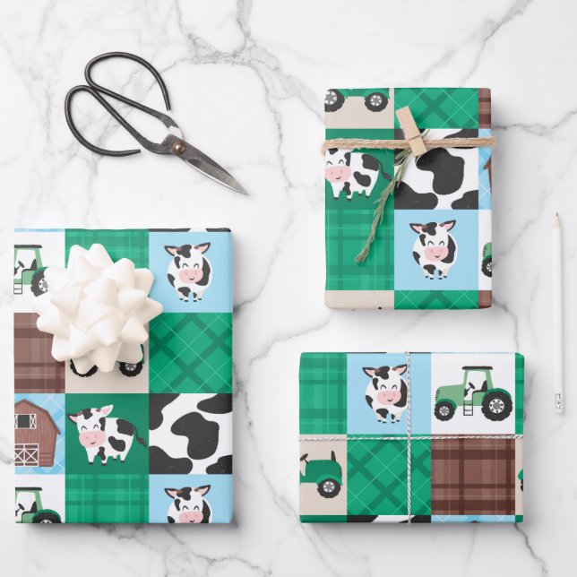 Feuille De Papier Cadeau Rustic Farm Patchwork Vache Plaid Anniversaire de  (Recto)