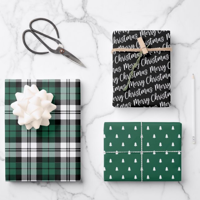 Feuille De Papier Cadeau Rustic Green et Black Watch Plaid Joyeux Noël (Recto)