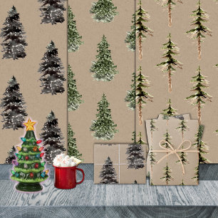 Feuille De Papier Cadeau Rustic Kraft Forêt Pin Épinette Arbres