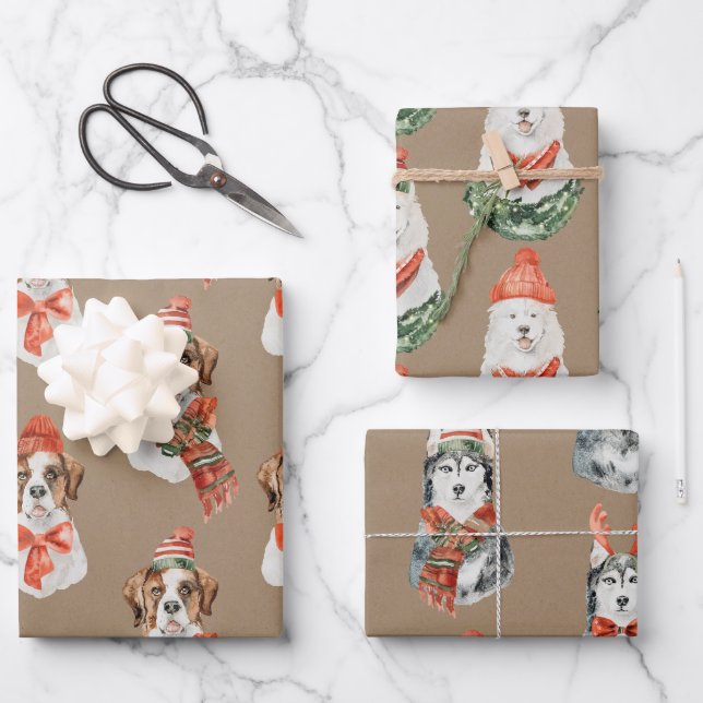 Feuille De Papier Cadeau Rustic Kraft grands chiens habillés pour Noël (Recto)