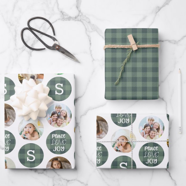 Feuille De Papier Cadeau Rustique 6 Photo Monogramme PEACE LOVE JOY Plaid (Recto)